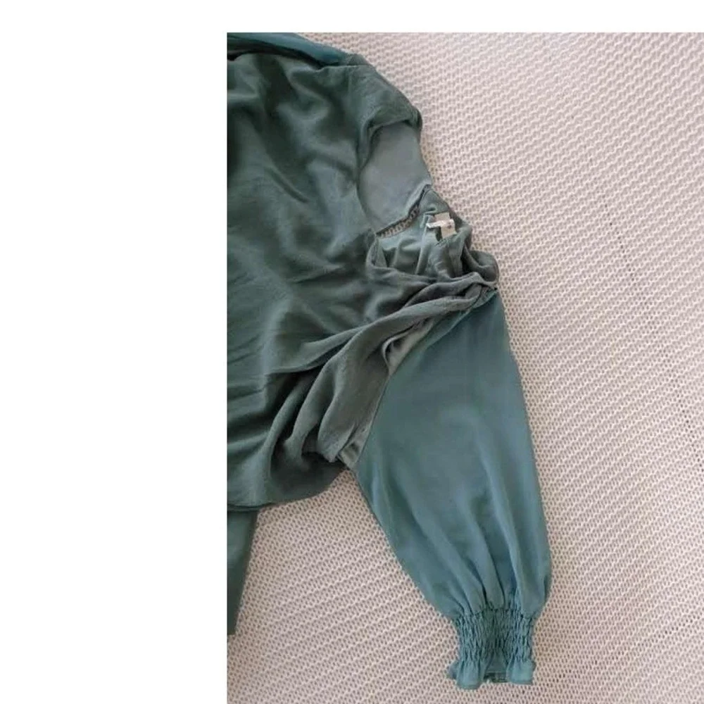 UMGEE‎ Sage Green Linen Mini Dress Blue Contrast Slve Smocked Cuff S Cottagecore